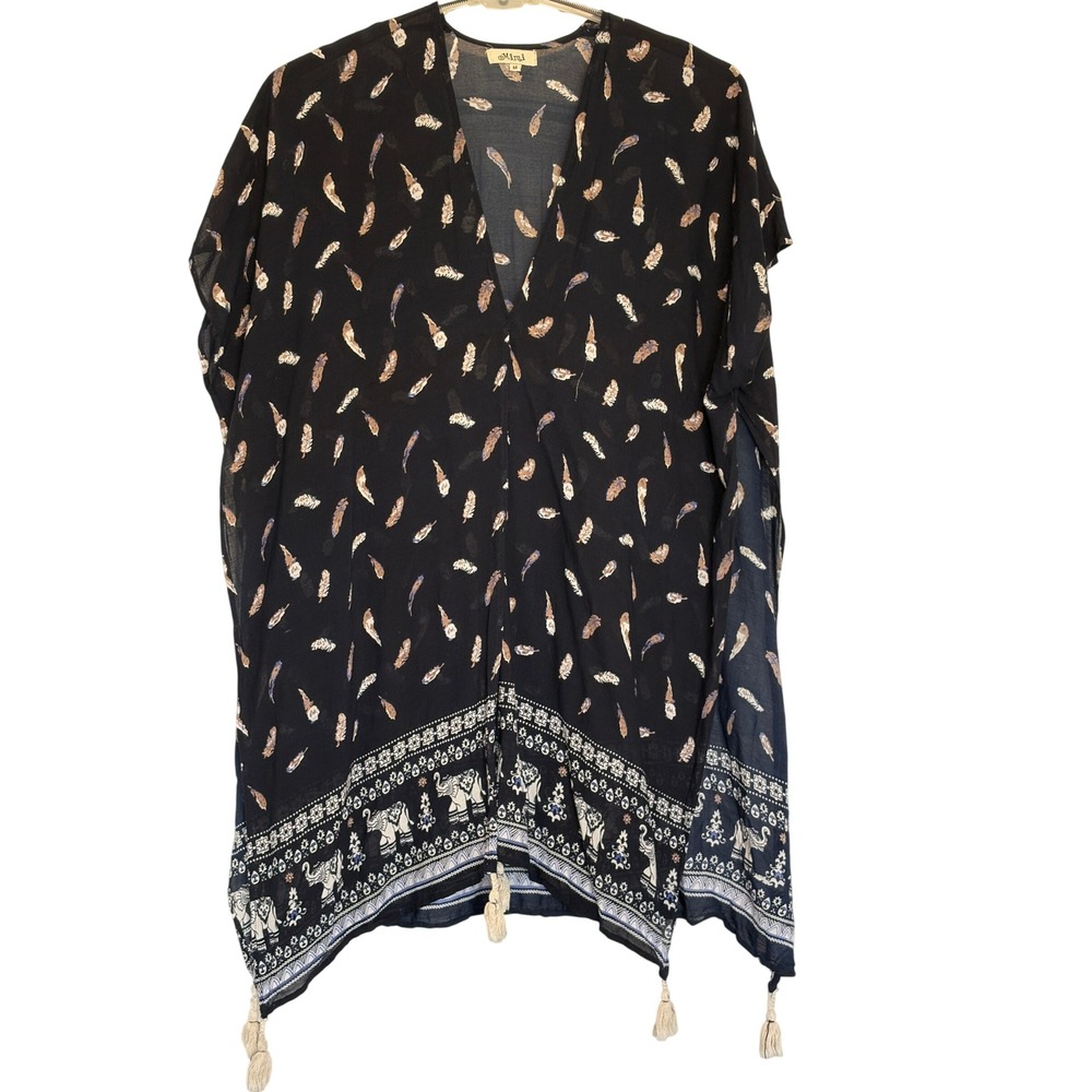 Mimi Womens Sheer Kaftan Top Navy Blue Feather Elephant Print Tassel Accent M